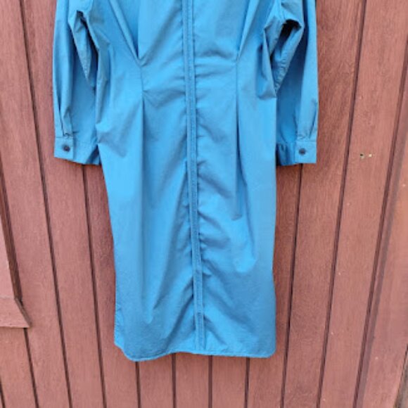 SEA NEW YORK | Blue Asymmetric Ruffle Neck Stretch Cotton Poplin Wrap Midi Dress - Picture 12 of 12